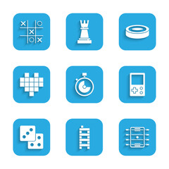 Set Stopwatch, Mahjong pieces, Hockey table, Tetris, Game dice, Pixel hearts for game, Checker chips and Tic tac toe icon. Vector