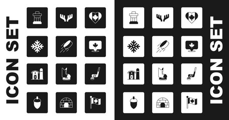 Set Heart shaped Canada flag, Hockey puck, Snowflake, Inukshuk, Canadian maple leaf, Deer antlers, Ice hockey stick and and Farm house icon. Vector