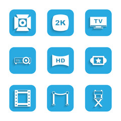 Set Hd movie, tape, frame, Rope barrier, Director chair, Cinema ticket, Play video, Movie, film, media projector, Smart Tv and spotlight icon. Vector