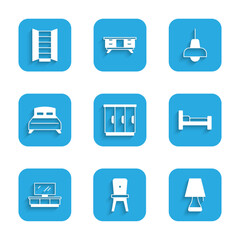 Set Wardrobe, Chair, Table lamp, Bed, TV table stand, Big bed, Lamp hanging and icon. Vector