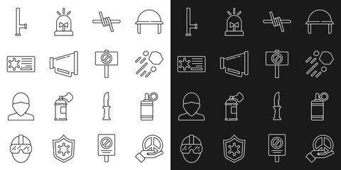 Set line Peace, Hand grenade, Flying stone, Barbed wire, Megaphone, Police badge, rubber baton and Protest icon. Vector