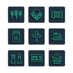 Set line Chess, Made in Russia, Sauna bucket, Accordion, Christian cross, Jar of honey, Wheat and Medovik icon. Vector