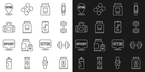 Set line Sports nutrition, Dumbbell, bag, Location gym and Music player icon. Vector