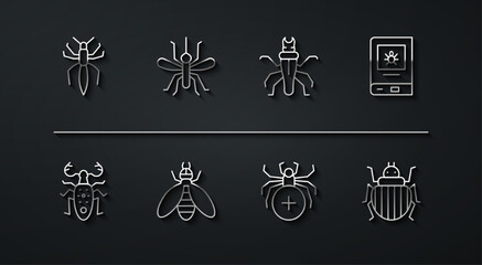 Set line Spider, Beetle deer, Book about insect, Mosquito, Colorado beetle and Termite icon. Vector