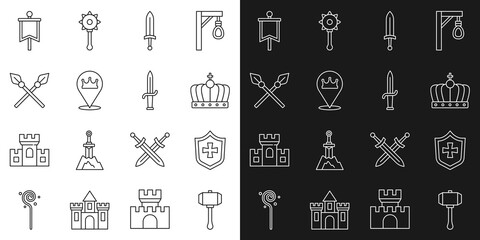 Set line Hammer, Shield, King crown, Medieval sword, Location king, Crossed medieval spears, flag and Dagger icon. Vector