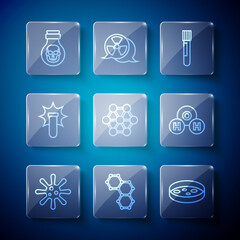 Set line Bacteria, Chemical formula, Petri dish with bacteria, Test tube and flask, Molecule, explosion, Poison in bottle and H2O icon. Vector