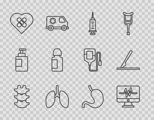 Set line Human spine, Monitor with cardiogram, Syringe, Lungs, Healed broken heart, Eye drop bottle, stomach and Medical surgery scalpel icon. Vector