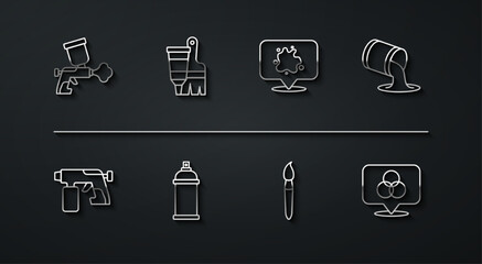 Set line Paint spray gun, bucket, brush, can, Tube with paint and, RGB CMYK color mixing and icon. Vector