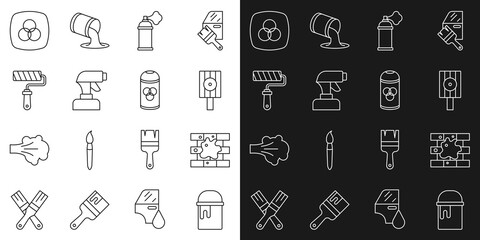 Set line Paint bucket, Painting the house, Spray can nozzle cap, spray, gun, roller brush, RGB and CMYK color mixing and icon. Vector