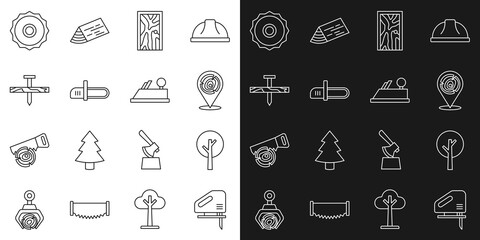 Set line Electric jigsaw, Tree, Wooden logs, Closed door, Chainsaw, Metallic nail, Circular blade and plane tool icon. Vector