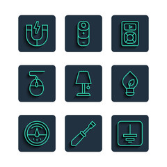 Set line Electric meter, Screwdriver, Electrical symbol ground, Music player, Table lamp, Computer mouse, Magnet and Light bulb with leaf icon. Vector
