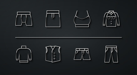 Set line Men underpants, Sweater, Shirt, Short or, Waistcoat, Skirt, Pants and Female crop top icon. Vector