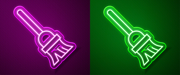 Glowing neon line Mop icon isolated on purple and green background. Cleaning service concept. Vector