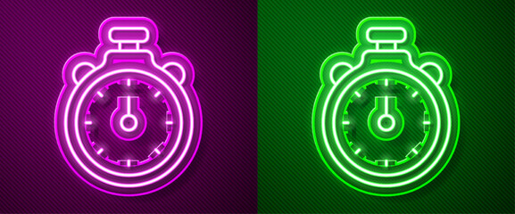 Glowing neon line Stopwatch icon isolated on purple and green background. Time timer sign. Chronometer sign. Vector