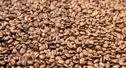 Texture of coffee beans photo background, focus on the edges of coffee beans.
