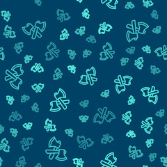 Naklejka premium Green line Wooden axe icon isolated seamless pattern on blue background. Lumberjack axe. Vector