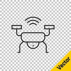 Black line Smart drone system icon isolated on transparent background. Quadrocopter with video and photo camera symbol. Vector