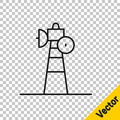 Black line Satellite dish icon isolated on transparent background. Radio antenna, astronomy and space research. Vector