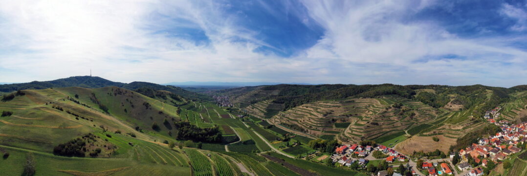 Luftaufnahme von Schelingen am Kaiserstuhl mit Blick auf die Weinberge. Schelingen, Vogtsburg am Kaiserstuhl, Breisgau, Schwarzwald, Freiburg, Baden-W&uuml;rttemberg, Deutschland.