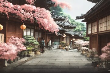 Traditional Japanese house with blossoms