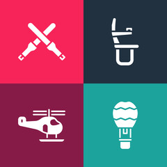 Set pop art Hot air balloon, Helicopter, Airplane seat and Marshalling wands icon. Vector