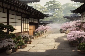 Traditional Japanese house with blossoms