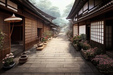 Fototapeta na wymiar Traditional Japanese house with blossoms