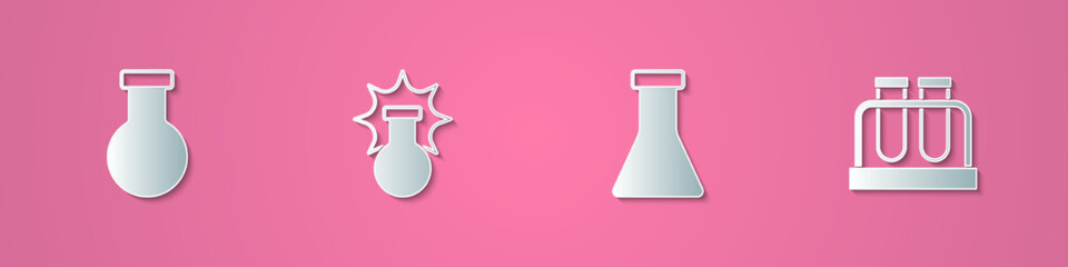 Set paper cut Test tube and flask, Chemical explosion, and icon. Paper art style. Vector