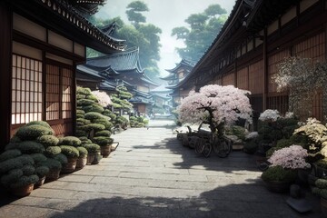 Traditional Japanese house with blossoms