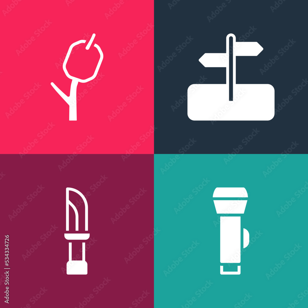 Canvas Prints set pop art flashlight, knife, road traffic sign and marshmallow on stick icon. vector