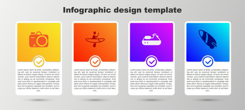 Set Photo camera, Kayak and paddle, Jet ski and Surfboard. Business infographic template. Vector