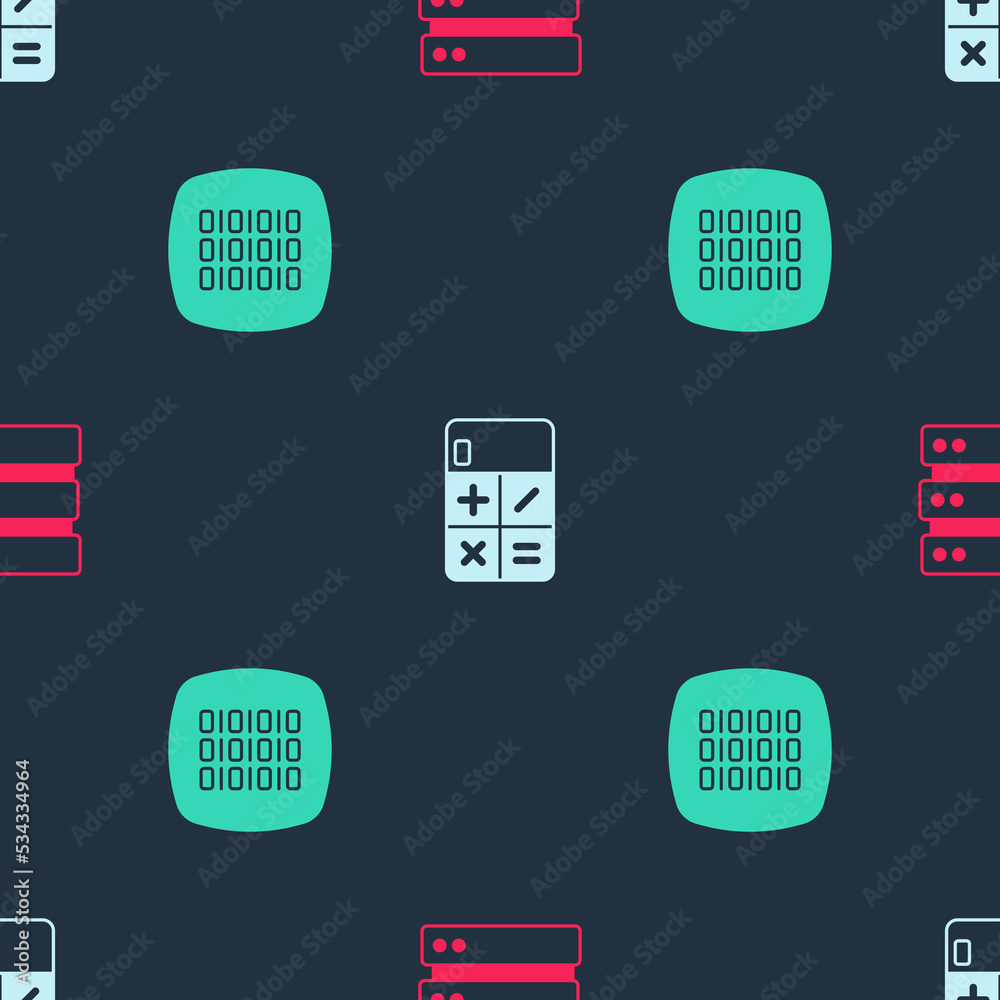 Sticker Set Server, Calculator and Binary code on seamless pattern. Vector