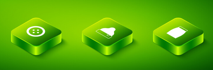 Set Isometric Beanie hat, Skirt and Sewing button for clothes icon. Vector