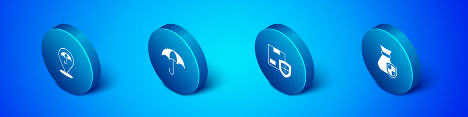 Set Isometric Umbrella, Delivery security with shield, Money bag and icon. Vector