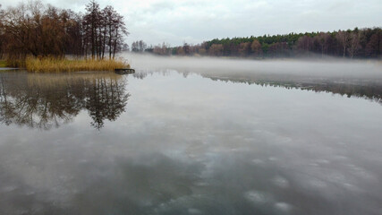 View of morning lake in autumn. Dry trees and yellow grass on the banks. Fog over the lake