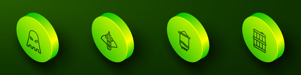 Set Isometric line Executioner mask, Battle crossbow with arrow, Medieval flag and Wooden barrel icon. Vector