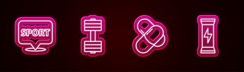 Set line Location gym, Dumbbell, Sports nutrition and . Glowing neon icon. Vector