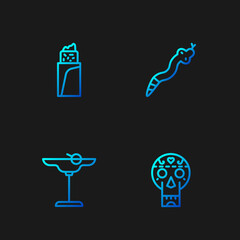 Set line Mexican skull, Margarita cocktail, Burrito and Snake. Gradient color icons. Vector