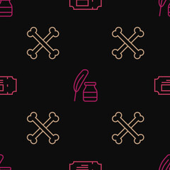 Set line Museum ticket, Crossed human bones and Feather and inkwell on seamless pattern. Vector