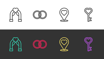 Set line Wedding arch, rings, Location with heart and Key shape on black and white. Vector