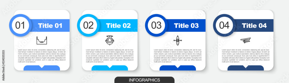 Poster set line skate park, jet ski, kayak or canoe and hang glider. business infographic template. vector