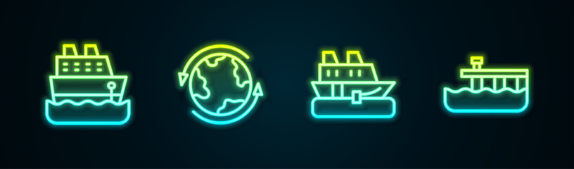 Set line Cruise ship, Worldwide, and Beach pier dock. Glowing neon icon. Vector