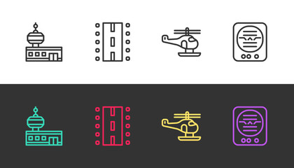 Set line Airport control tower, runway, Helicopter and Attitude indicator on black and white. Vector