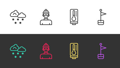 Set line Cloud with snow, Winter athlete, Meteorology thermometer and Location marker on black and white. Vector
