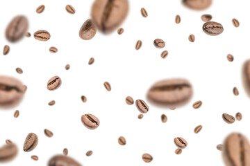 Coffee beans fall background. Black espresso coffee bean falling. Aromatic grain flying isolated on white. Concept for coffee product advertising.