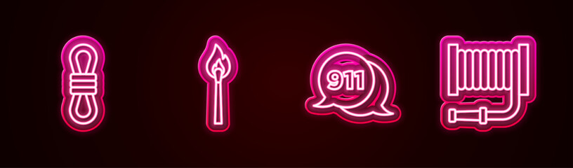 Set line Climber rope, Burning match with fire, Telephone call 911 and Fire hose reel. Glowing neon icon. Vector
