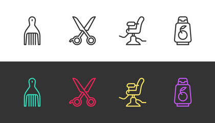 Set line Barrette, Scissors hairdresser, Barbershop chair and Bottle of shampoo on black and white. Vector