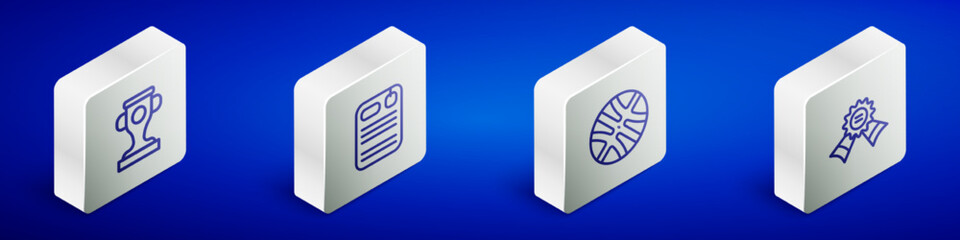 Set Isometric line Award cup, Dossier folder, Basketball ball and Medal icon. Vector