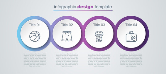 Set line Beach ball, Swimming trunks, Jellyfish and Suitcase. Business infographic template. Vector