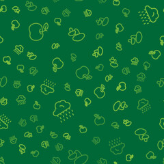 Set line Apple, Cloud with rain and Mushroom on seamless pattern. Vector